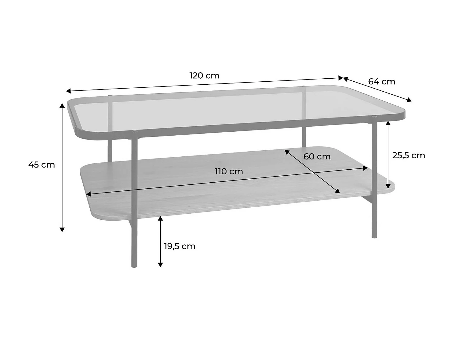 Table basse vintage en métal noir avec 2 plateaux (verre et décor bois). bords arrondis