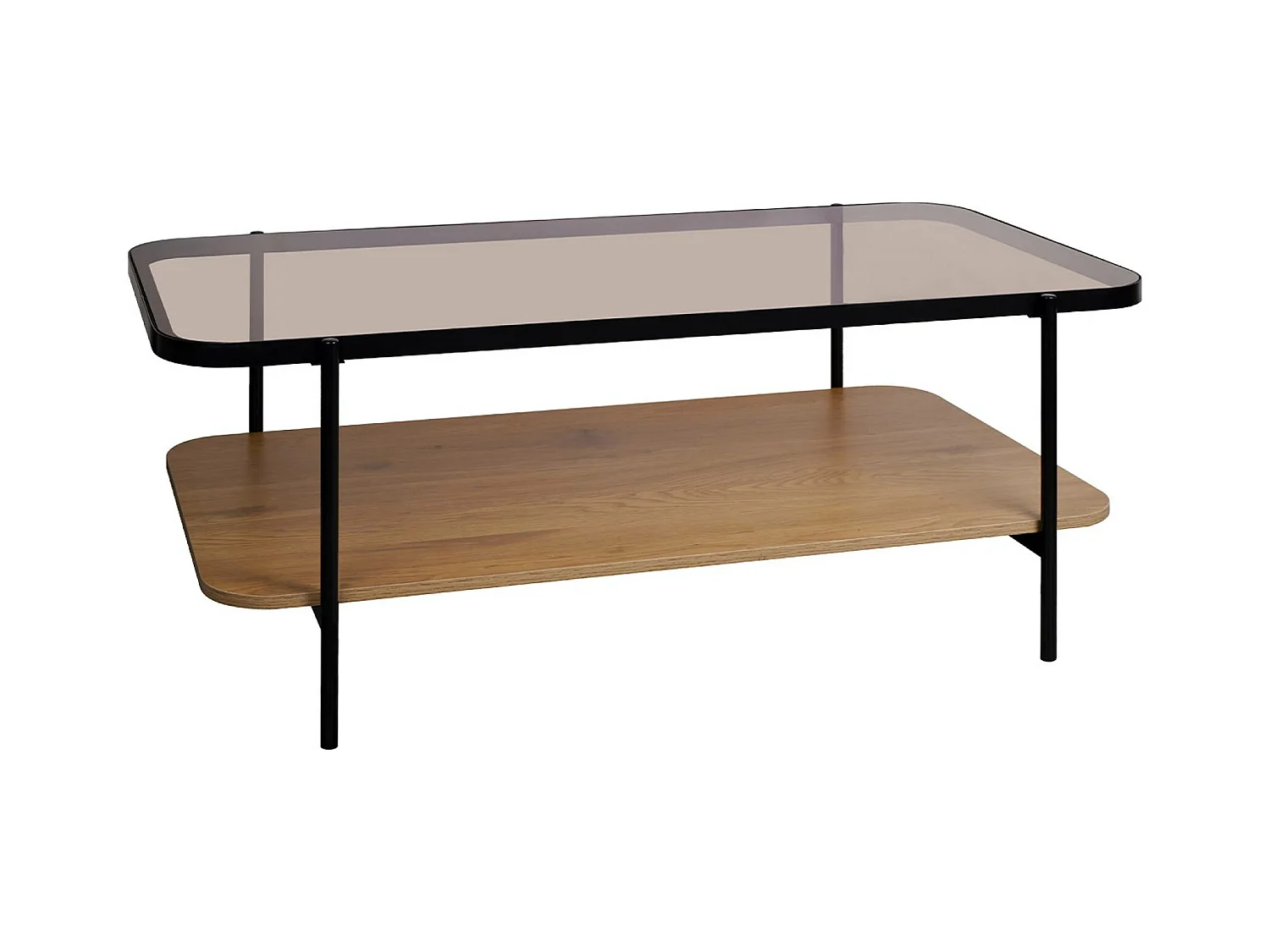Table basse vintage en métal noir avec 2 plateaux (verre et décor bois). bords arrondis