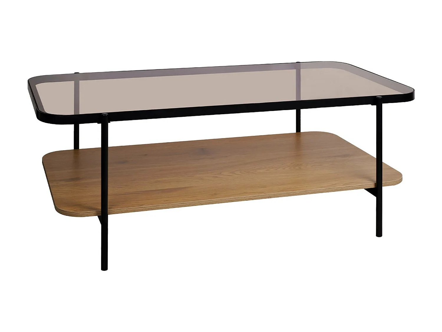 Mesa de centro vintage de metal negro con tapa de cristal y decoración