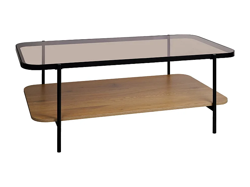 Table basse vintage en métal noir avec 2 plateaux (verre et décor bois). bords arrondis