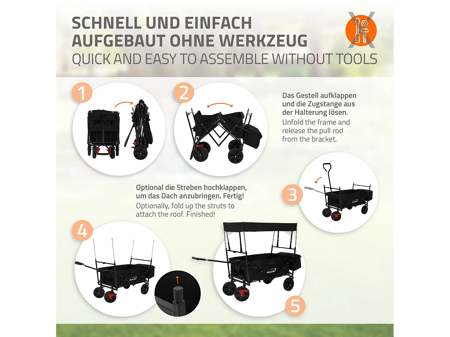 Chariot de transport pliable avec toit noir avec poches pour enfants charge 80kg