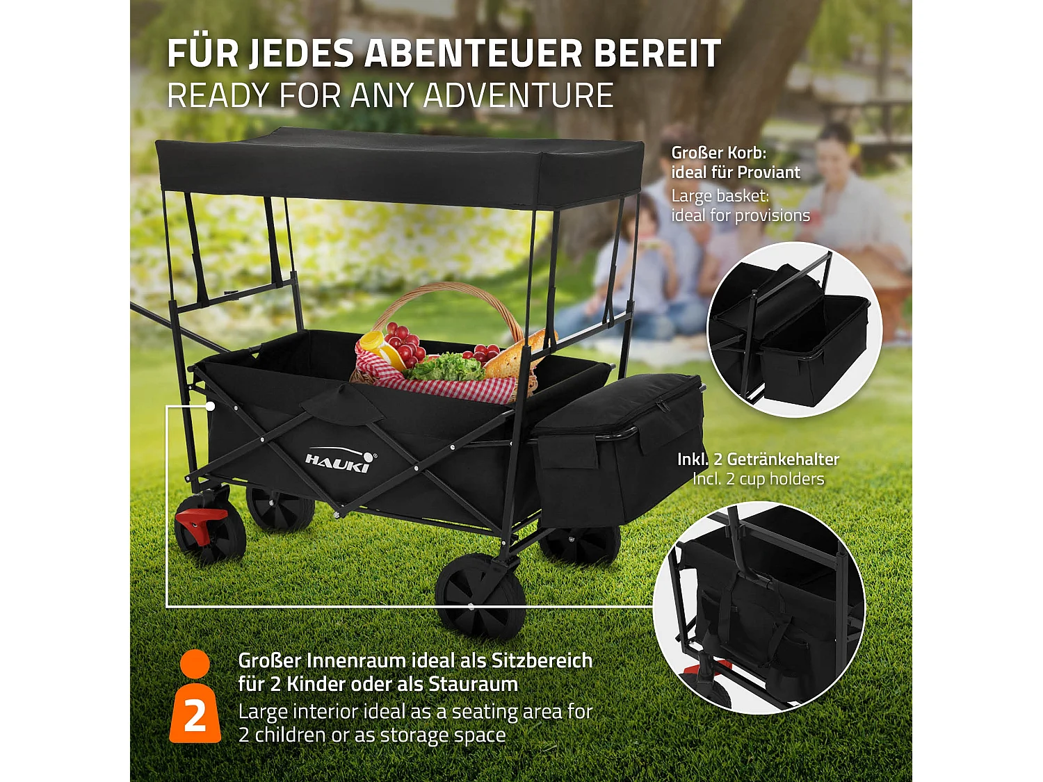 Chariot de transport pliable avec toit noir avec poches pour enfants charge 80kg