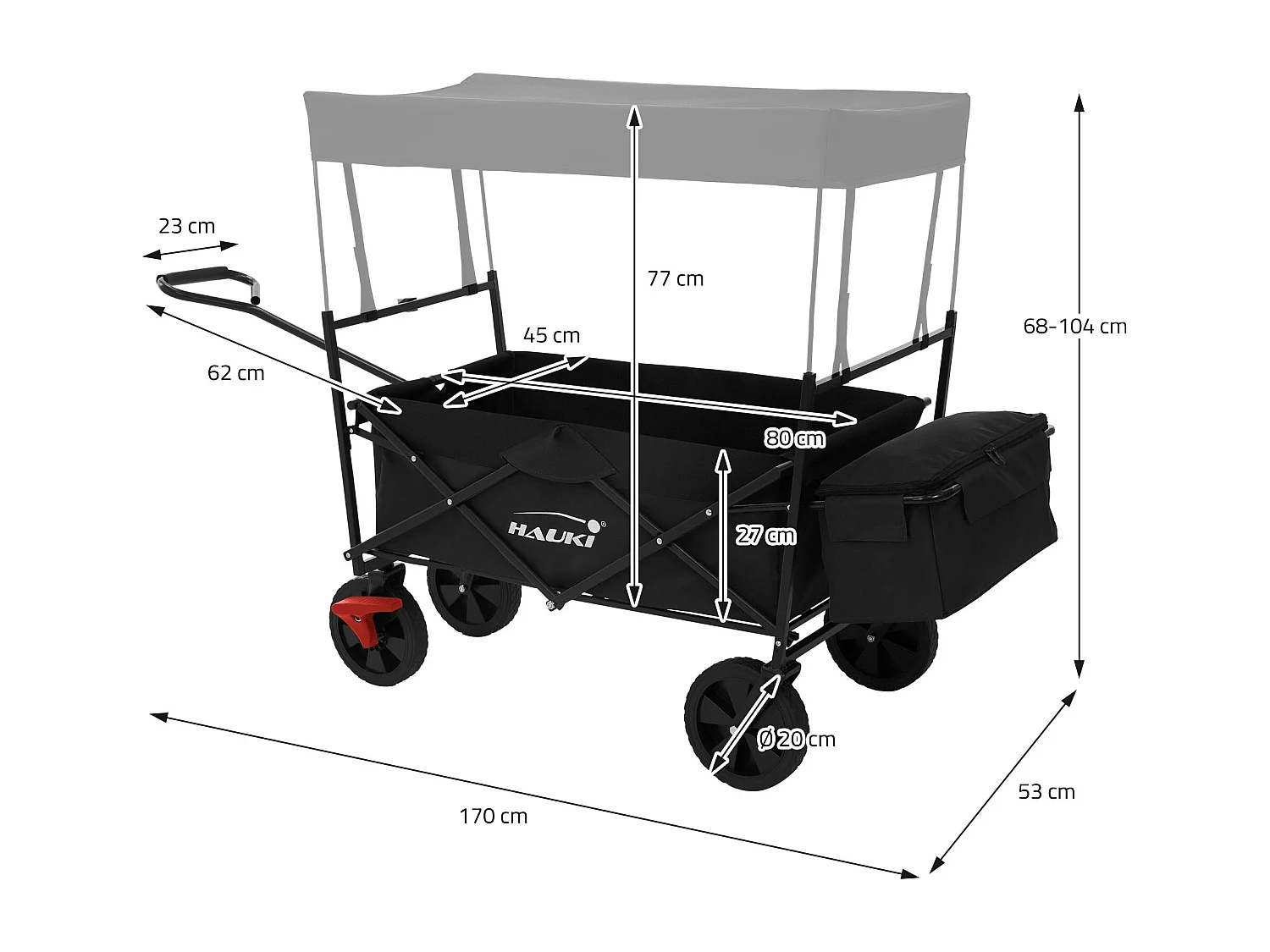 Chariot de transport pliable avec toit noir avec poches pour enfants charge 80kg