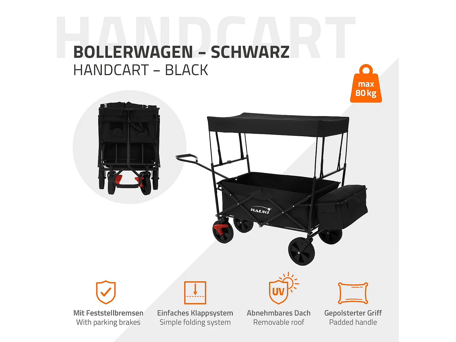 Chariot de transport pliable avec toit noir avec poches pour enfants charge 80kg