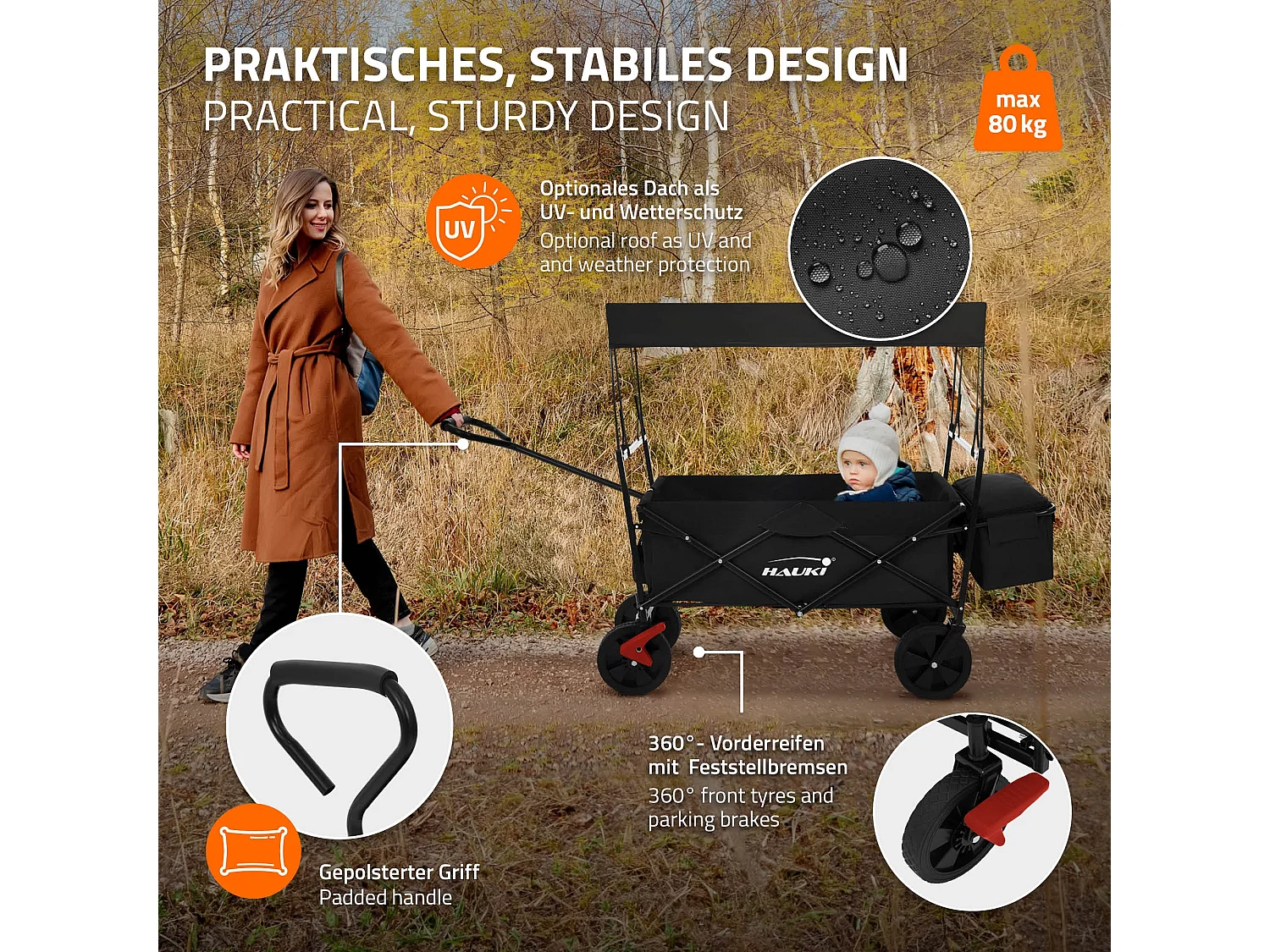 Chariot de transport pliable avec toit noir avec poches pour enfants charge 80kg