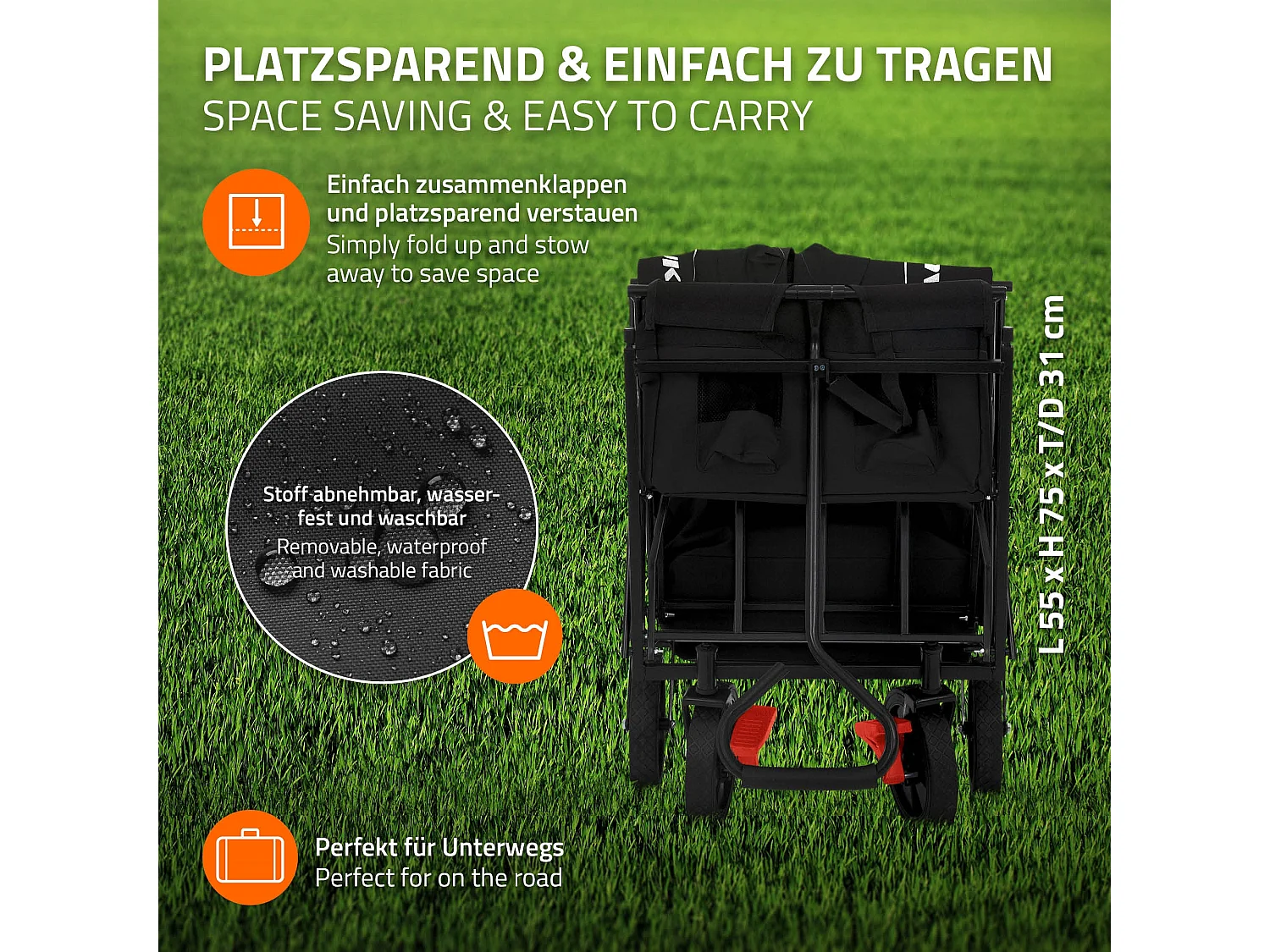 Chariot de transport pliable avec toit noir avec poches pour enfants charge 80kg