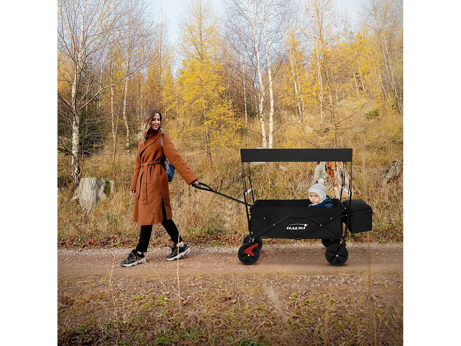 Chariot de transport pliable avec toit noir avec poches pour enfants charge 80kg