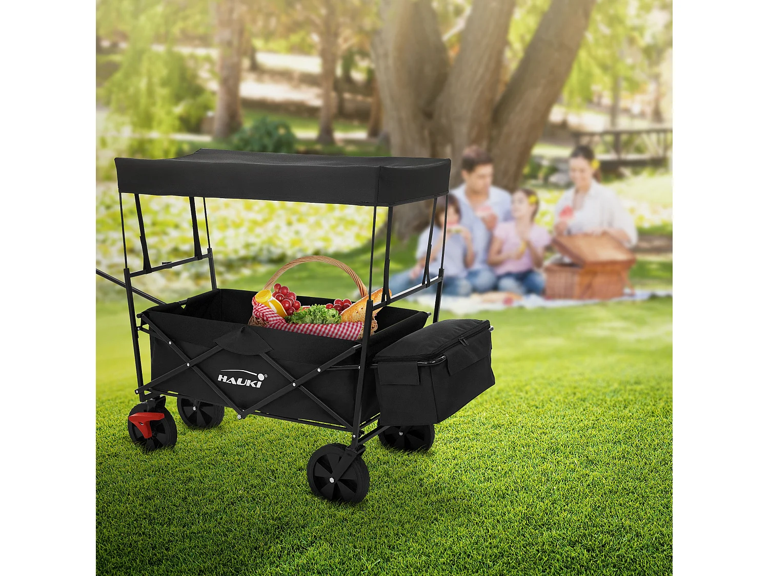Chariot de transport pliable avec toit noir avec poches pour enfants charge 80kg