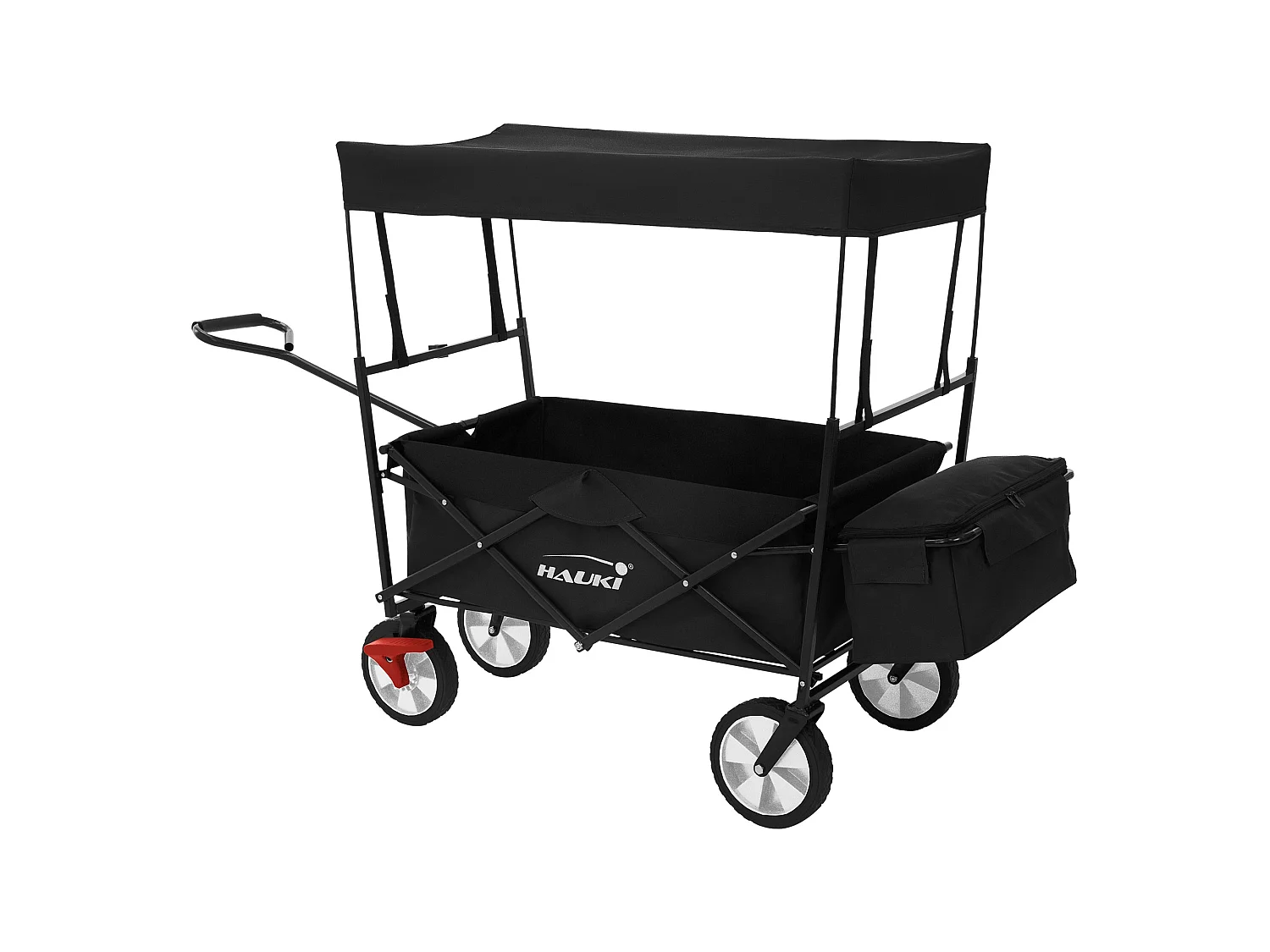 Hauki Carrello pieghevole da spiaggia per bambini carretto a mano per trasporto bimbi con tettuccio e borsa posteriore freno ruote anteriori nero