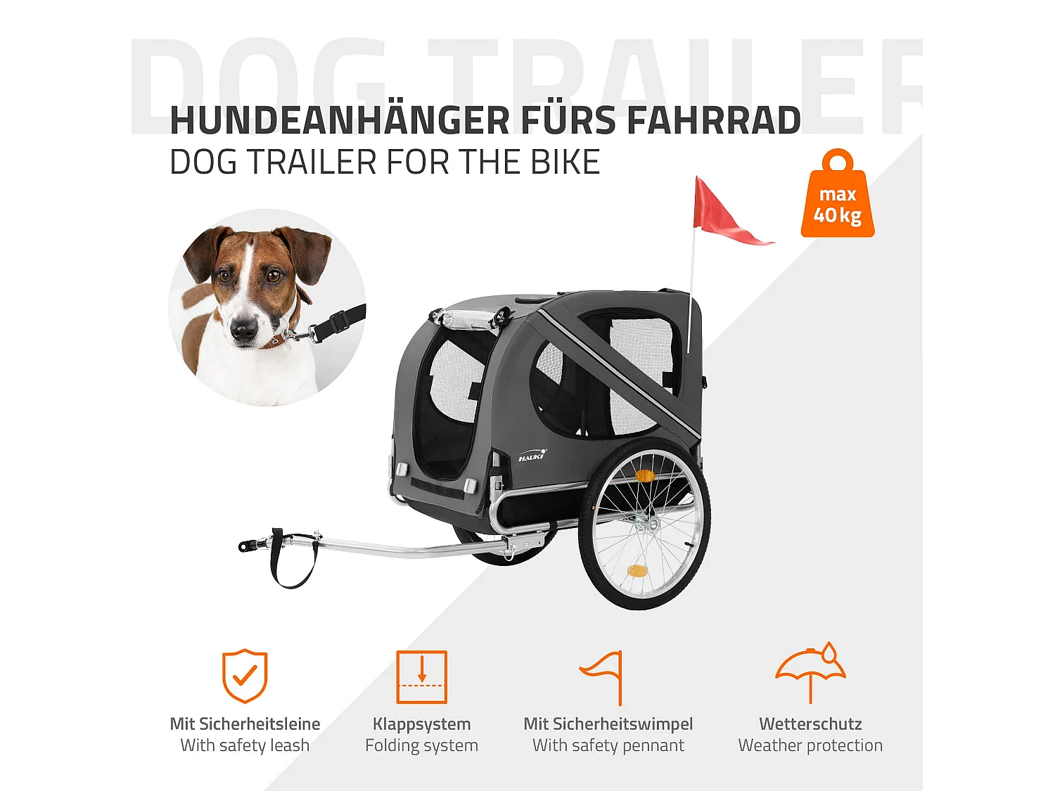 Rimorchio per cani pieghevole carrellino grigio biciclette fino a 40 kg bandiera