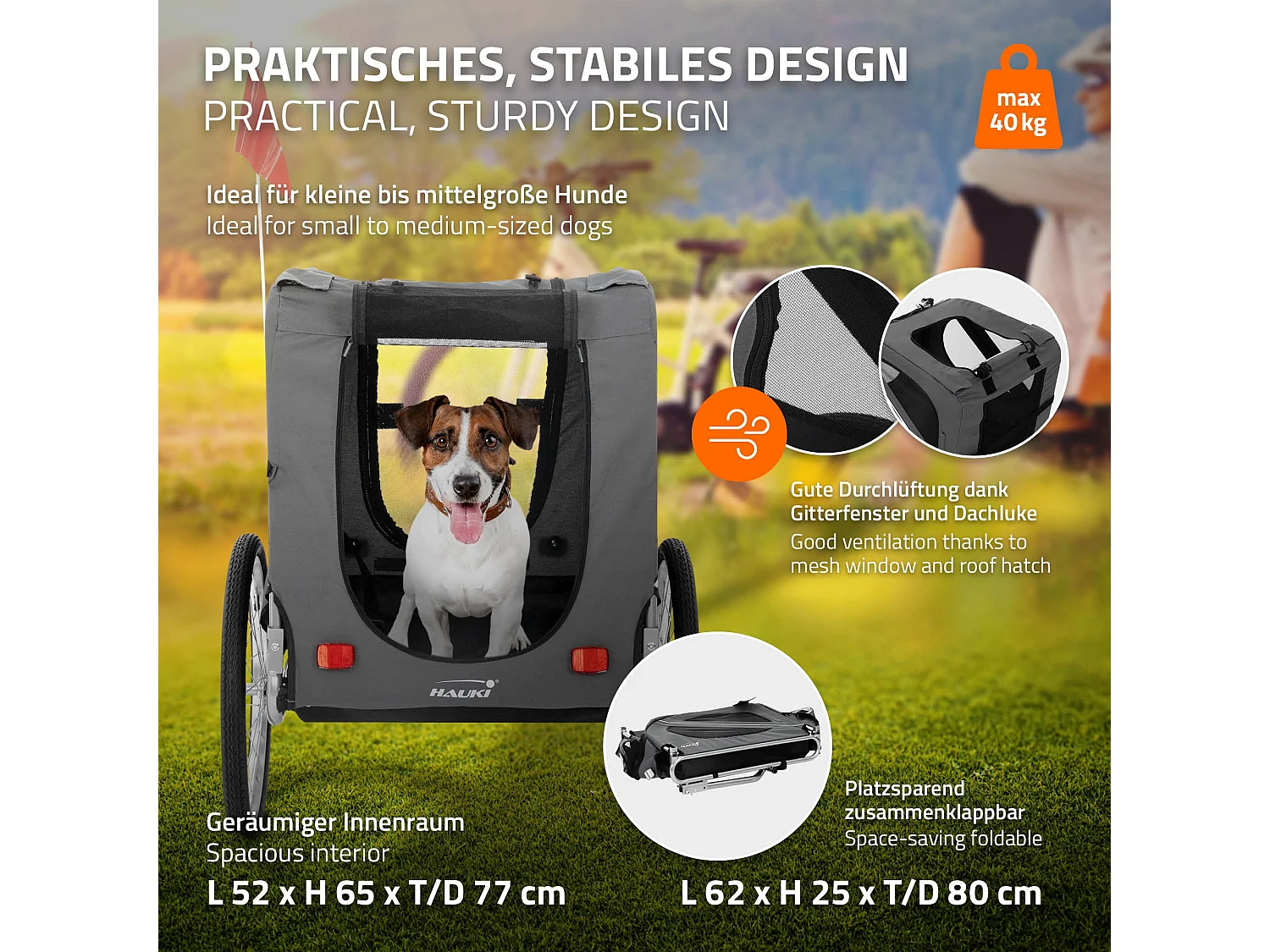 Rimorchio per cani pieghevole carrellino grigio biciclette fino a 40 kg bandiera