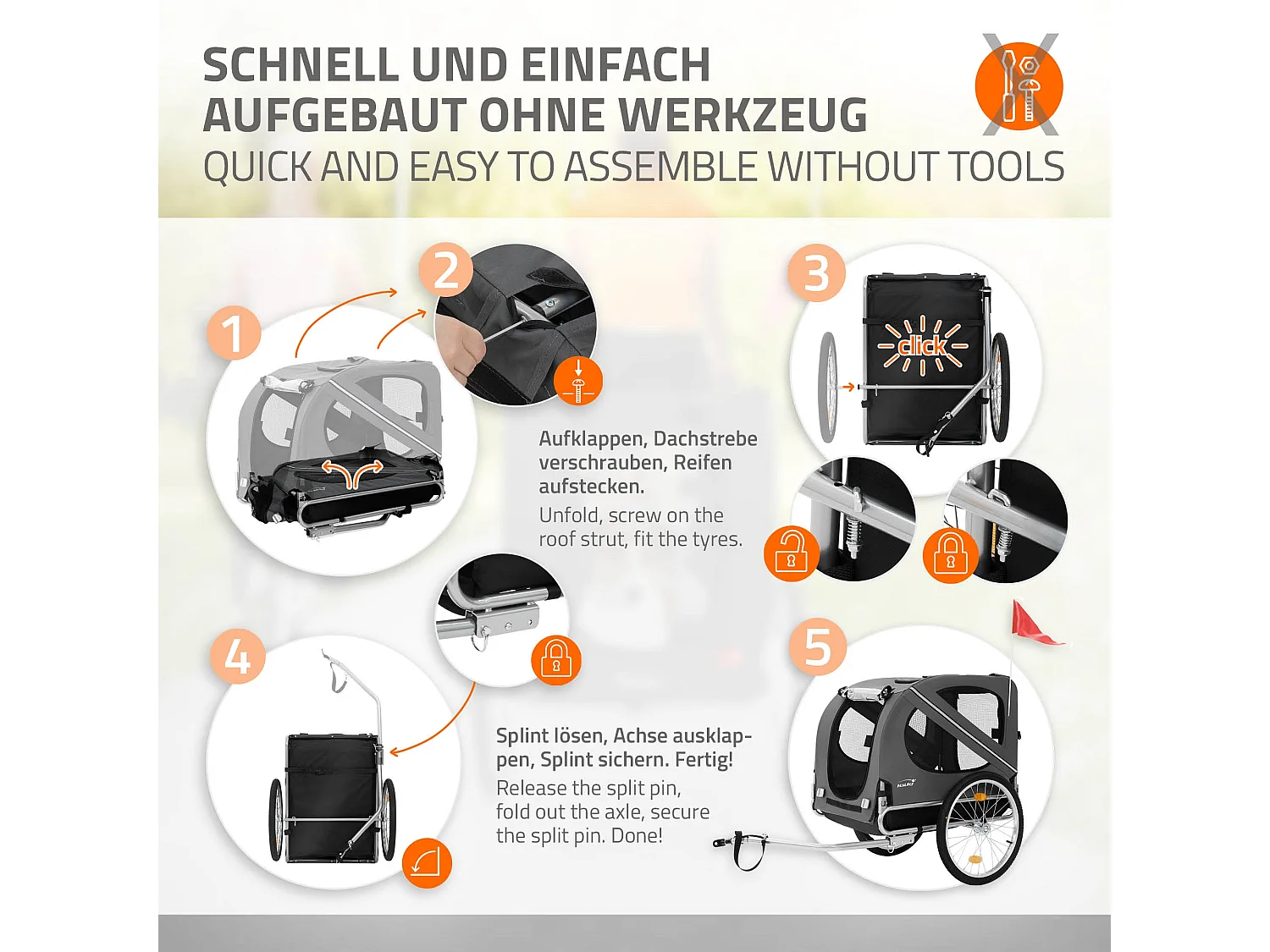 Rimorchio per cani pieghevole carrellino grigio biciclette fino a 40 kg bandiera