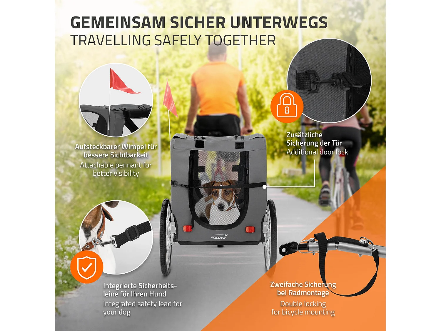 Rimorchio per cani pieghevole carrellino grigio biciclette fino a 40 kg bandiera