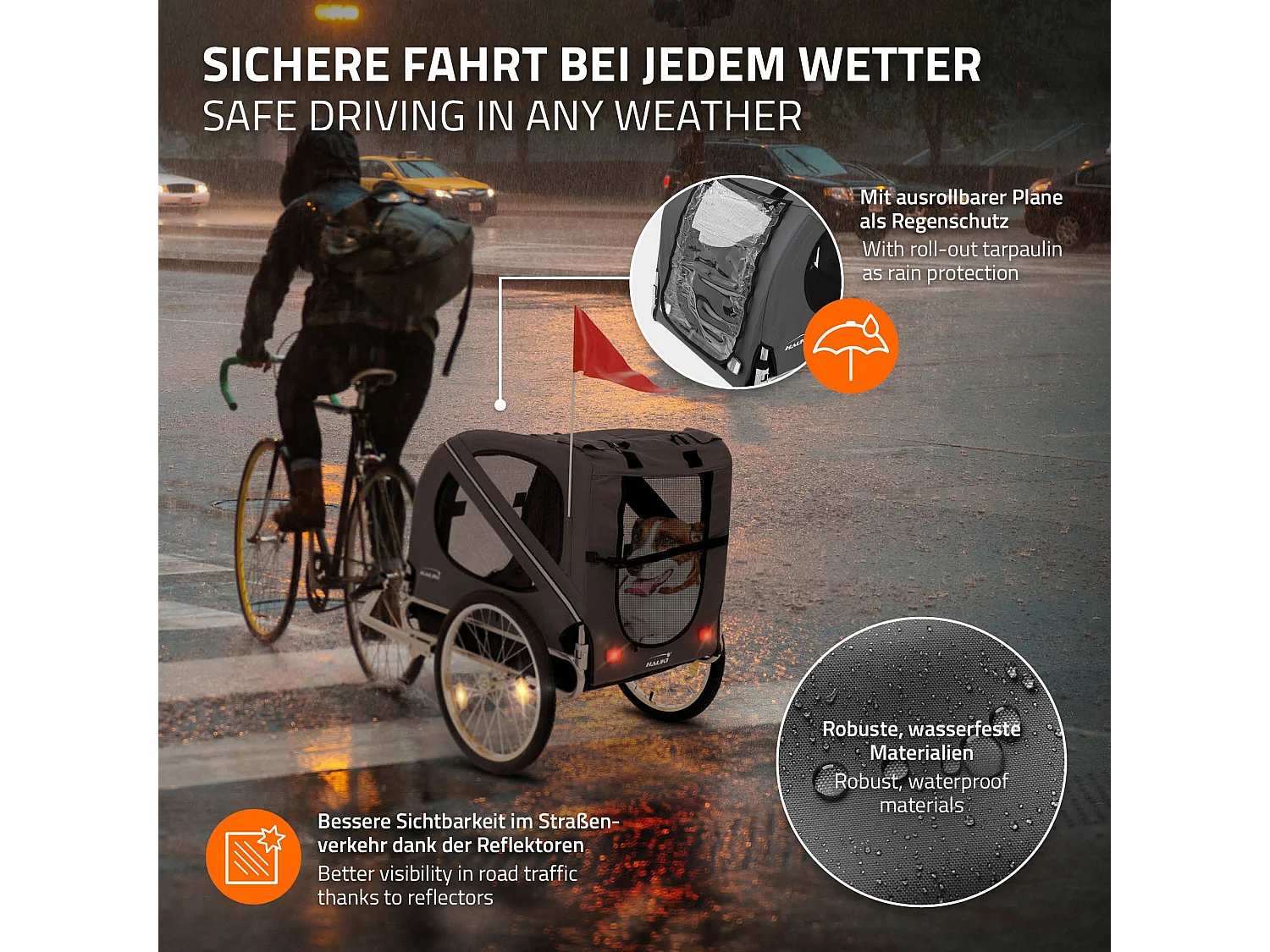 Rimorchio per cani pieghevole carrellino grigio biciclette fino a 40 kg bandiera