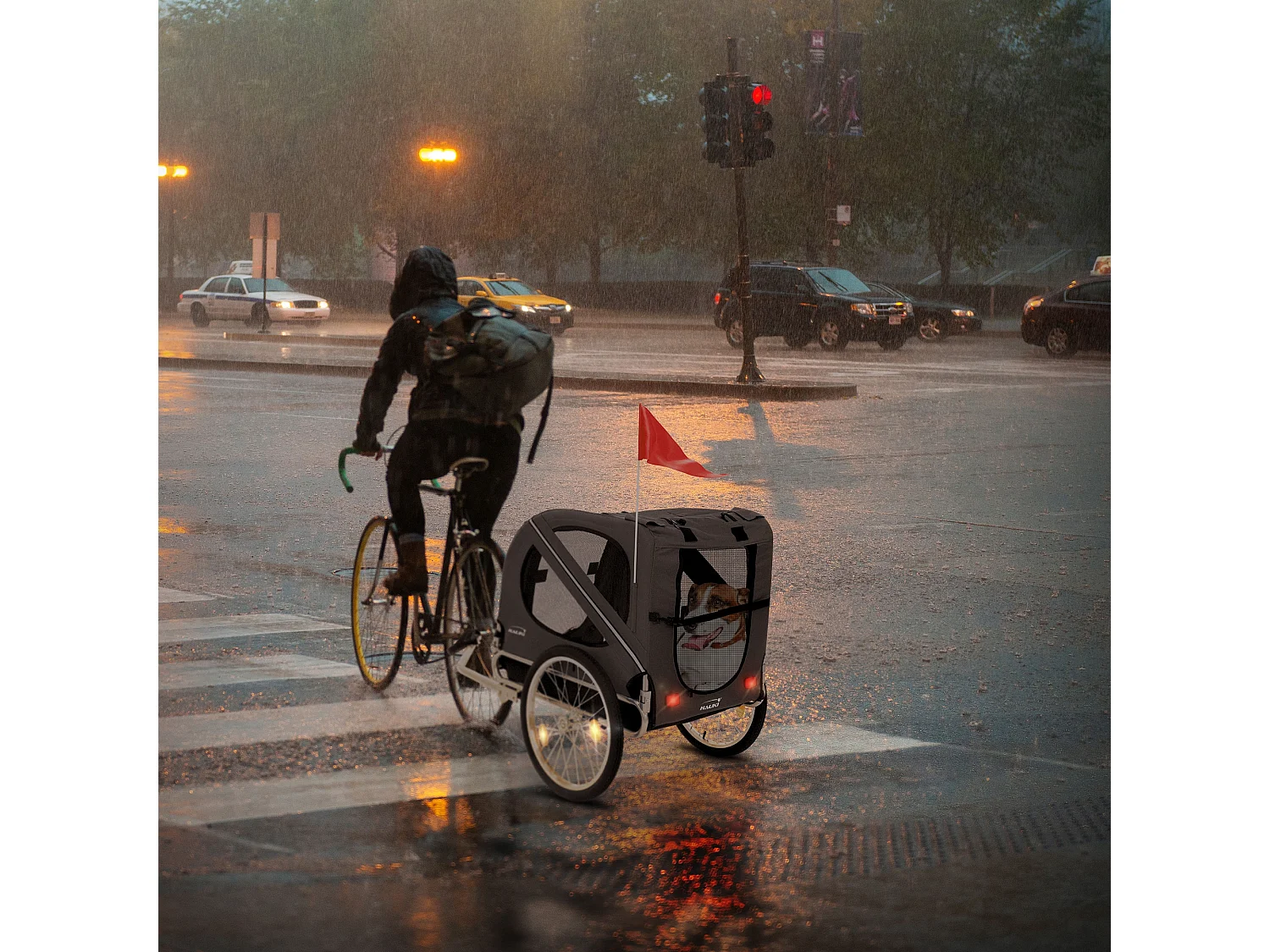Rimorchio per cani pieghevole carrellino grigio biciclette fino a 40 kg bandiera