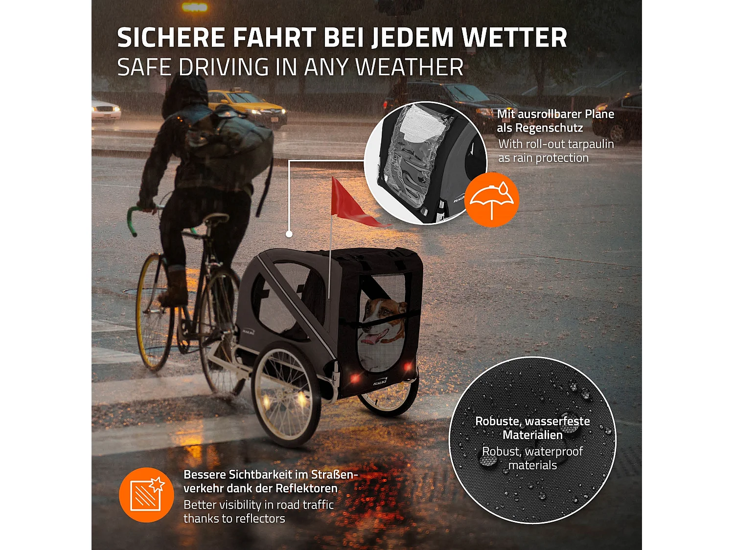 Remorque 2in1 de vélo et chien pliable noir chariot à réflecteurs/drapeau 40 kg