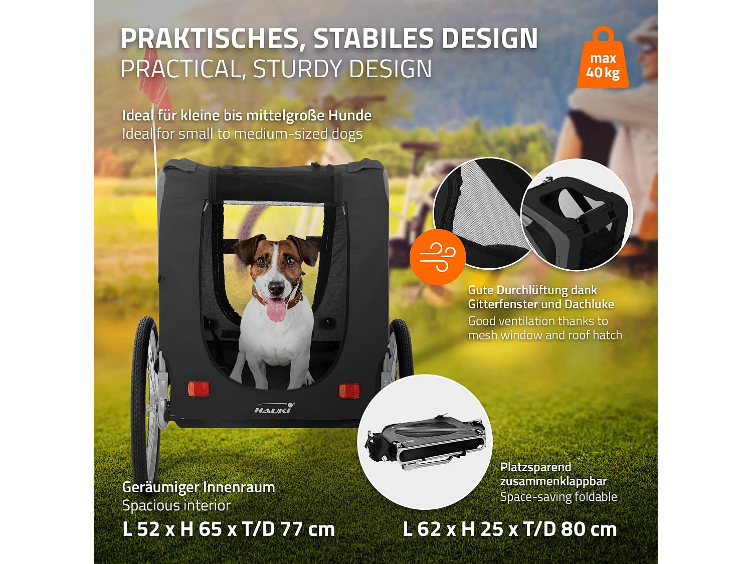 Remolque plegable negro de bicicleta para perros pequeños y medianos hasta 40 kg