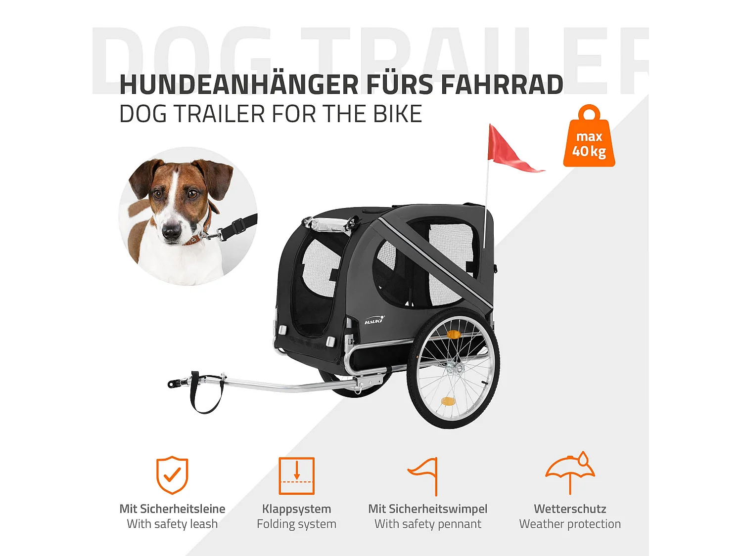 Remorque 2in1 de vélo et chien pliable noir chariot à réflecteurs/drapeau 40 kg