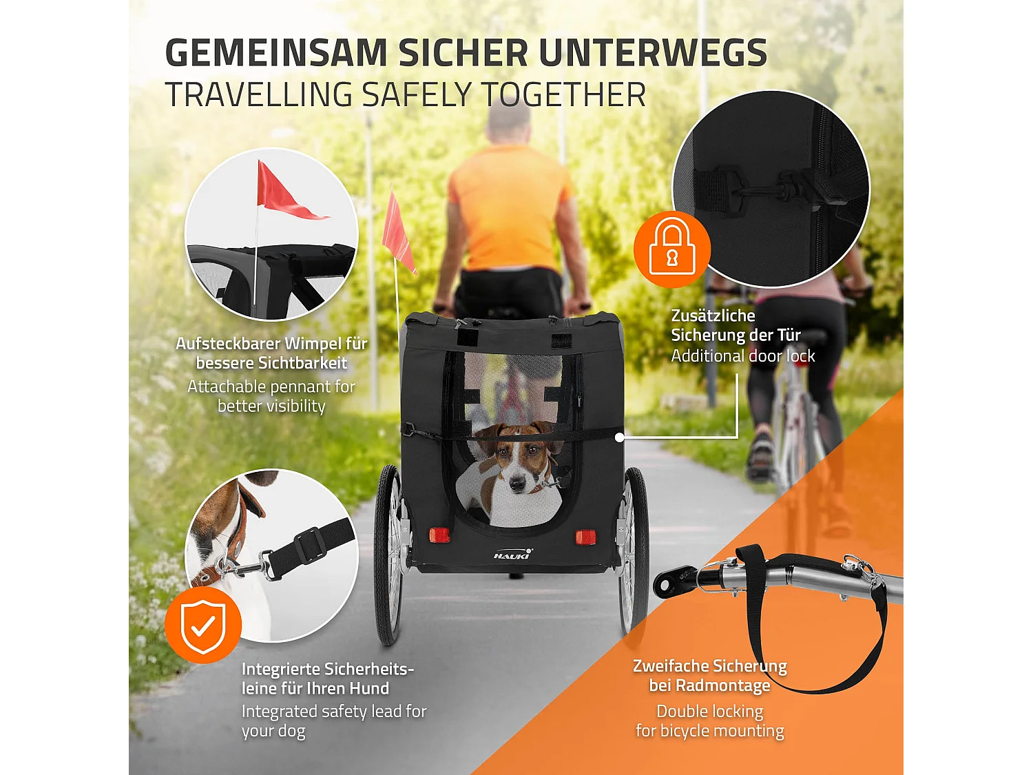 Remorque 2in1 de vélo et chien pliable noir chariot à réflecteurs/drapeau 40 kg