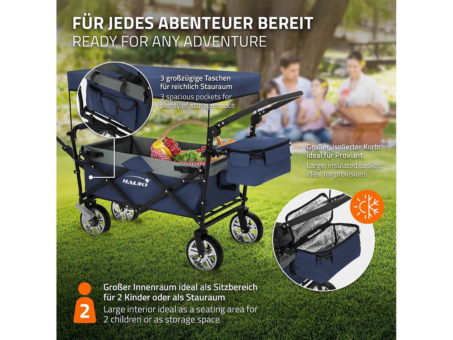 Chariot de transport pliable avec toit/sac bleu-gris pour enfants charge 120 kg