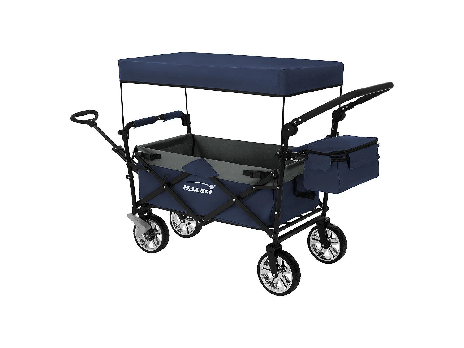 Hauki Carrello pieghevole da spiaggia per bambini carretto a mano per trasporto bimbi con tettuccio e borsa freno ruote anteriori blu-grigio 120 kg