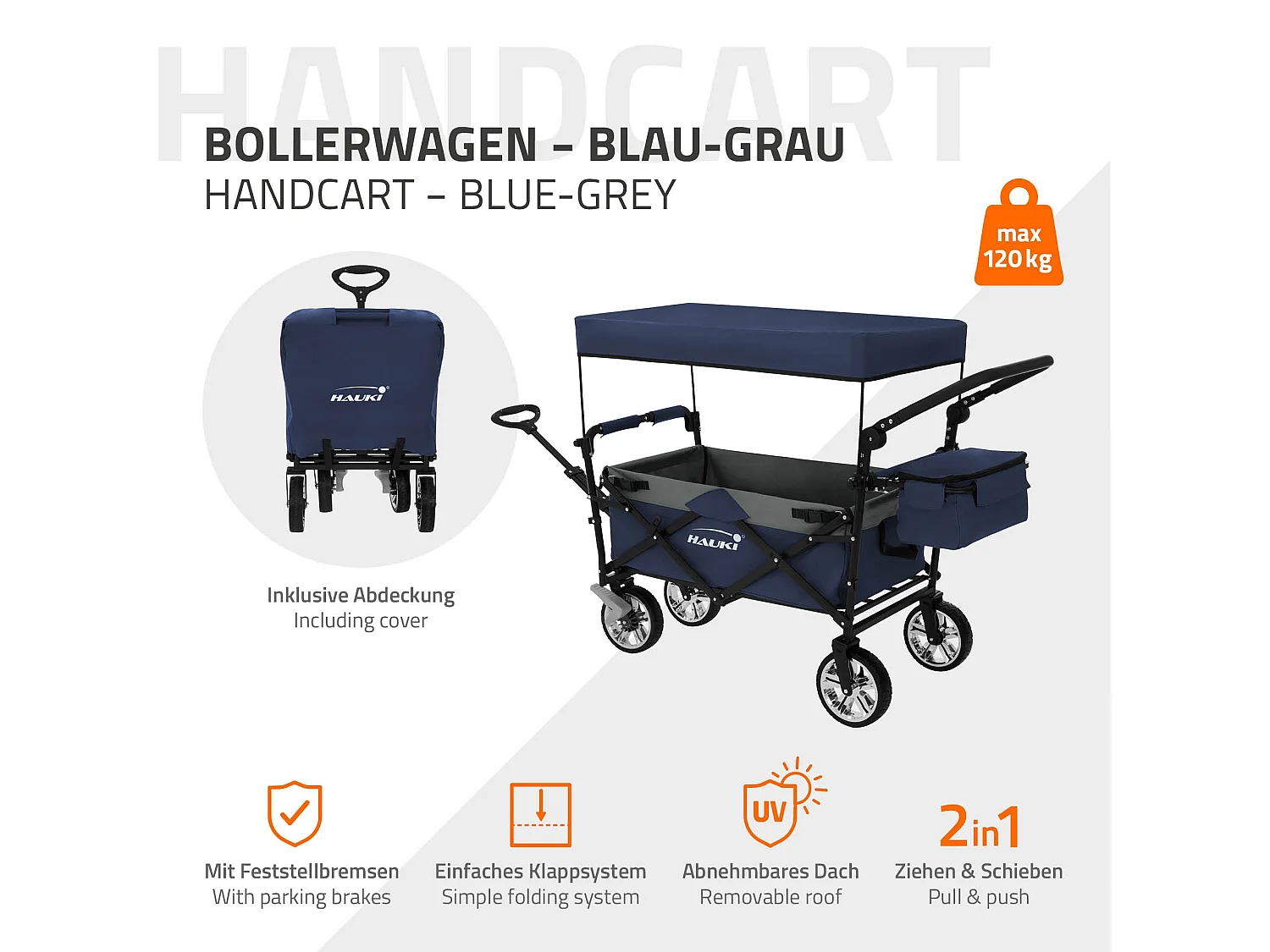 Hauki Carrello pieghevole da spiaggia per bambini carretto a mano per trasporto bimbi con tettuccio e borsa freno ruote anteriori blu-grigio 120 kg