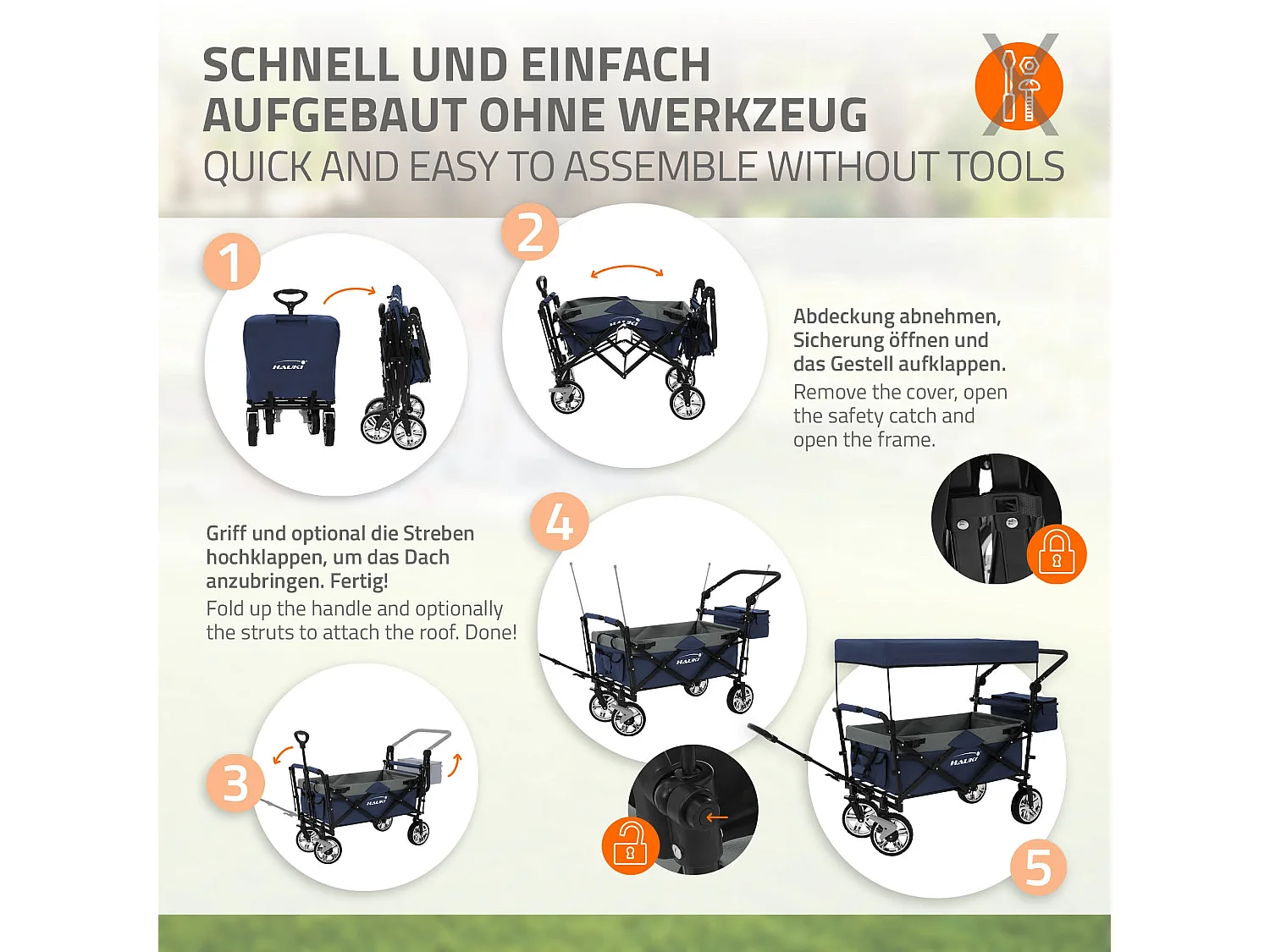 Hauki Carrello pieghevole da spiaggia per bambini carretto a mano per trasporto bimbi con tettuccio e borsa freno ruote anteriori blu-grigio 120 kg