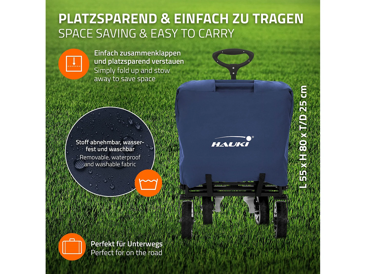 Hauki Carrello pieghevole da spiaggia per bambini carretto a mano per trasporto bimbi con tettuccio e borsa freno ruote anteriori blu-grigio 120 kg