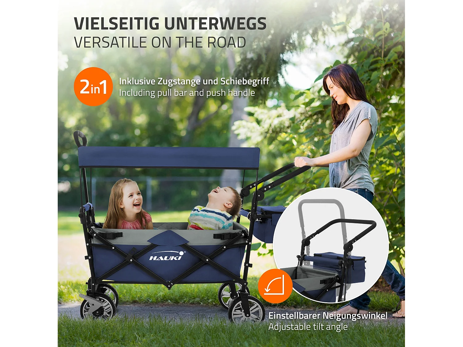 Hauki Carrello pieghevole da spiaggia per bambini carretto a mano per trasporto bimbi con tettuccio e borsa freno ruote anteriori blu-grigio 120 kg