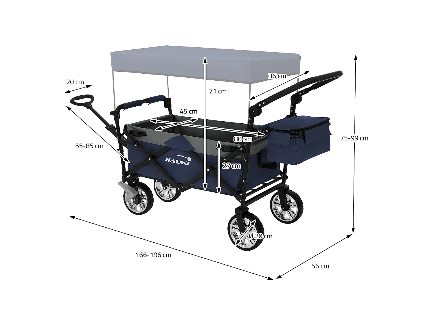 Hauki Carrello pieghevole da spiaggia per bambini carretto a mano per trasporto bimbi con tettuccio e borsa freno ruote anteriori blu-grigio 120 kg