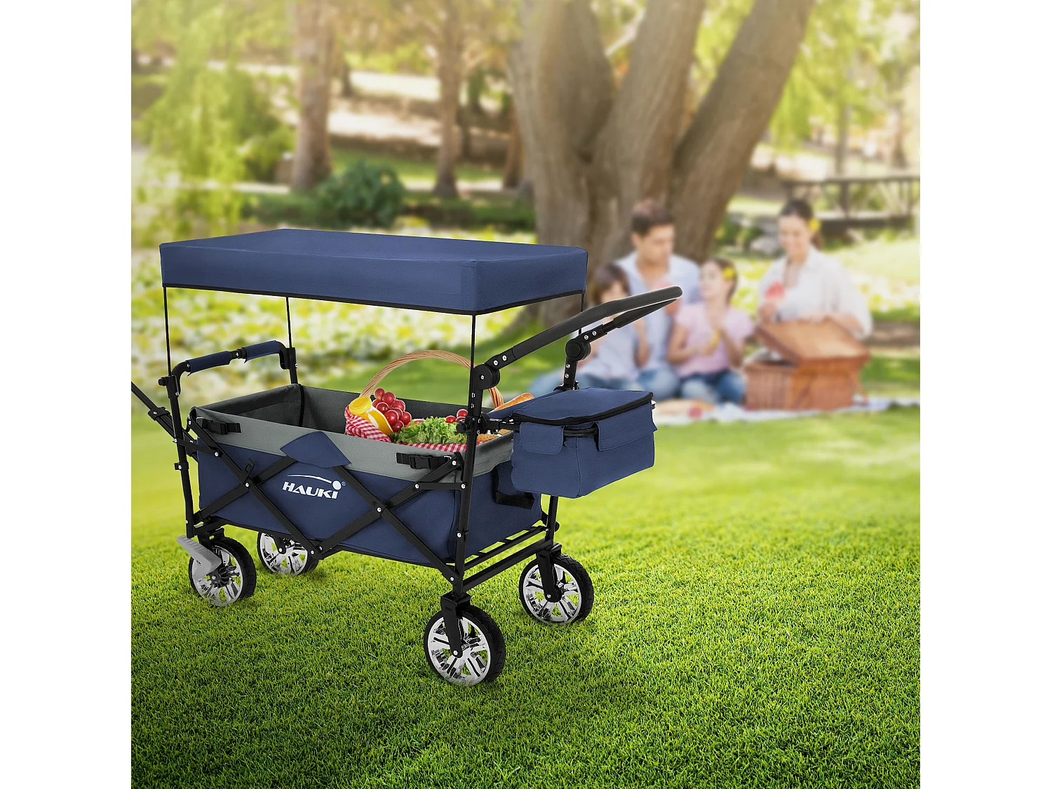 Hauki Carrello pieghevole da spiaggia per bambini carretto a mano per trasporto bimbi con tettuccio e borsa freno ruote anteriori blu-grigio 120 kg