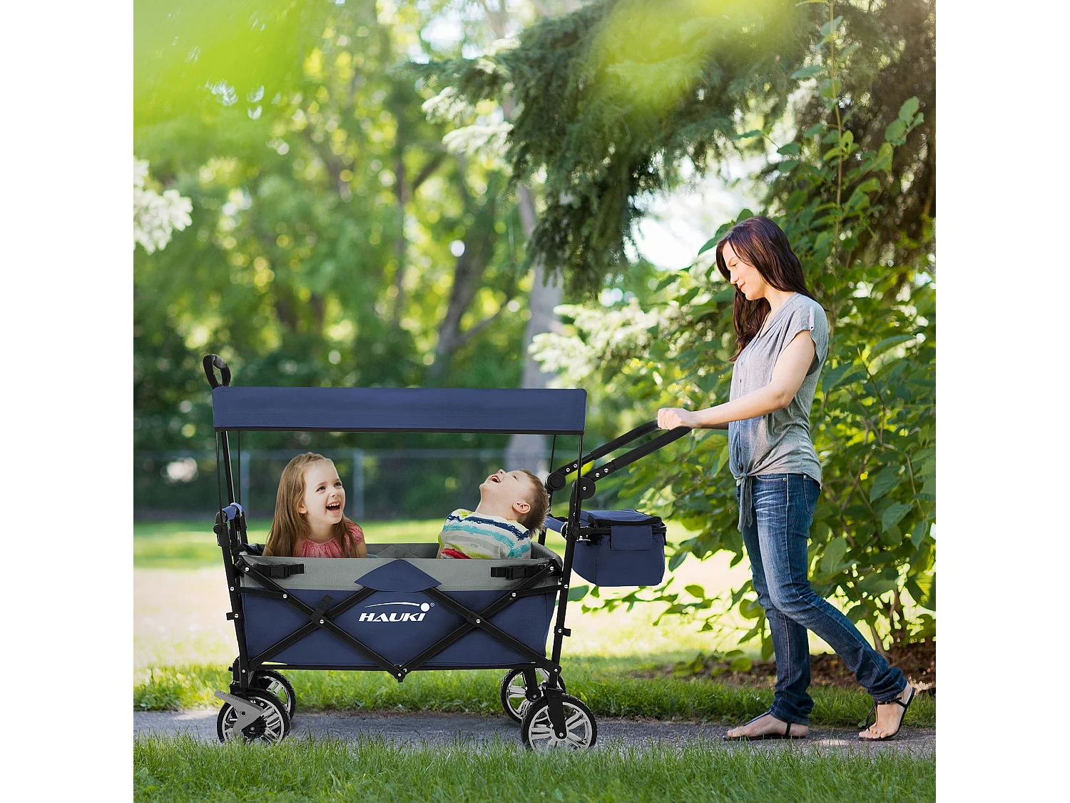 Hauki Carrello pieghevole da spiaggia per bambini carretto a mano per trasporto bimbi con tettuccio e borsa freno ruote anteriori blu-grigio 120 kg