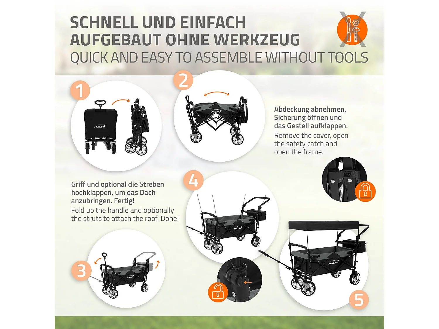 Carro de mano plegable con techo negro-gris carreta transporte carro de jardín