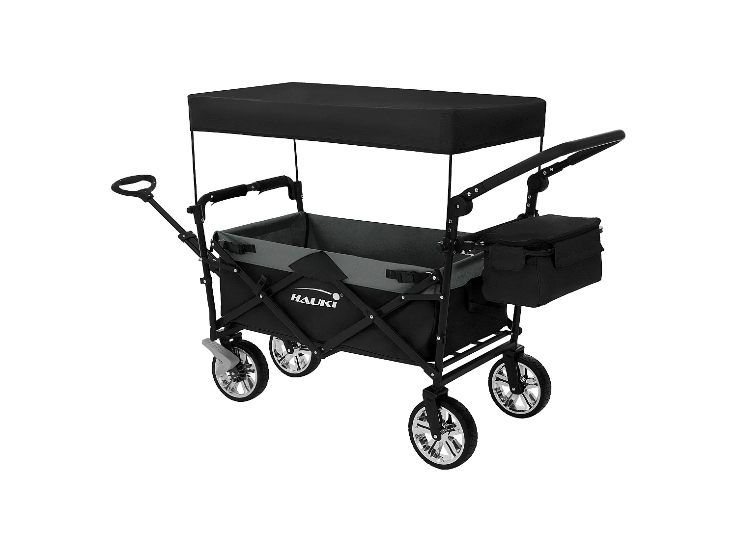 Hauki Carrello pieghevole da spiaggia per bambini carretto a mano per trasporto bimbi con tettuccio e borsa freno ruote anteriori nero-grigio 120 kg