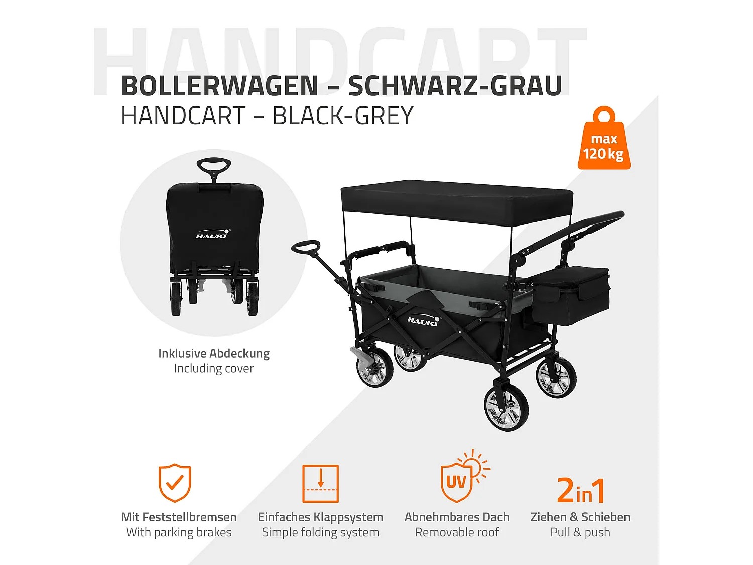 Hauki Carrello pieghevole da spiaggia per bambini carretto a mano per trasporto bimbi con tettuccio e borsa freno ruote anteriori nero-grigio 120 kg