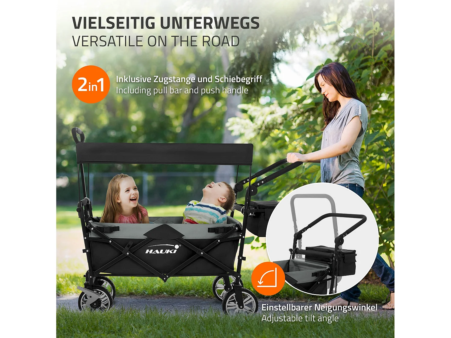 Hauki Carrello pieghevole da spiaggia per bambini carretto a mano per trasporto bimbi con tettuccio e borsa freno ruote anteriori nero-grigio 120 kg