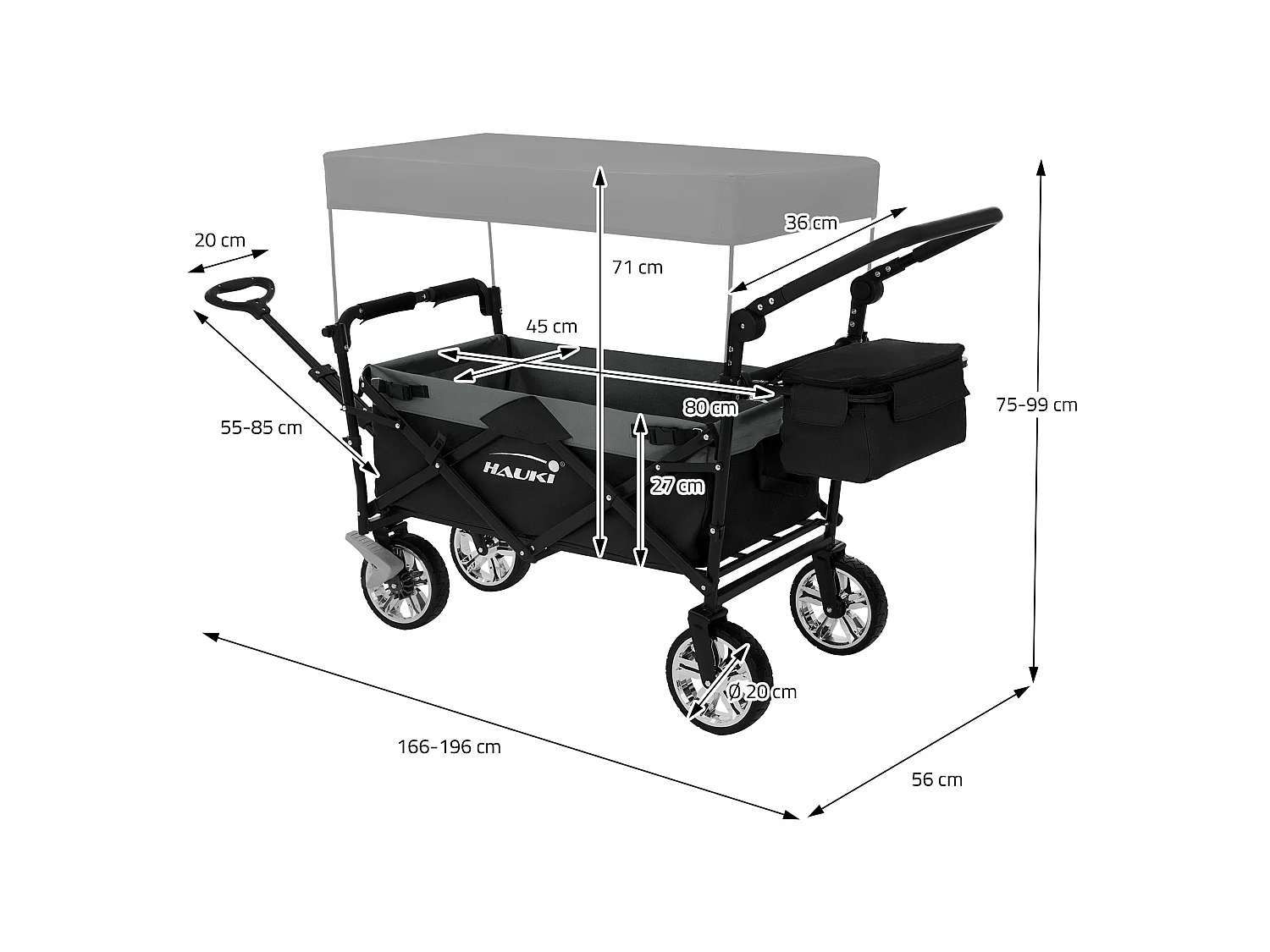 Hauki Carrello pieghevole da spiaggia per bambini carretto a mano per trasporto bimbi con tettuccio e borsa freno ruote anteriori nero-grigio 120 kg