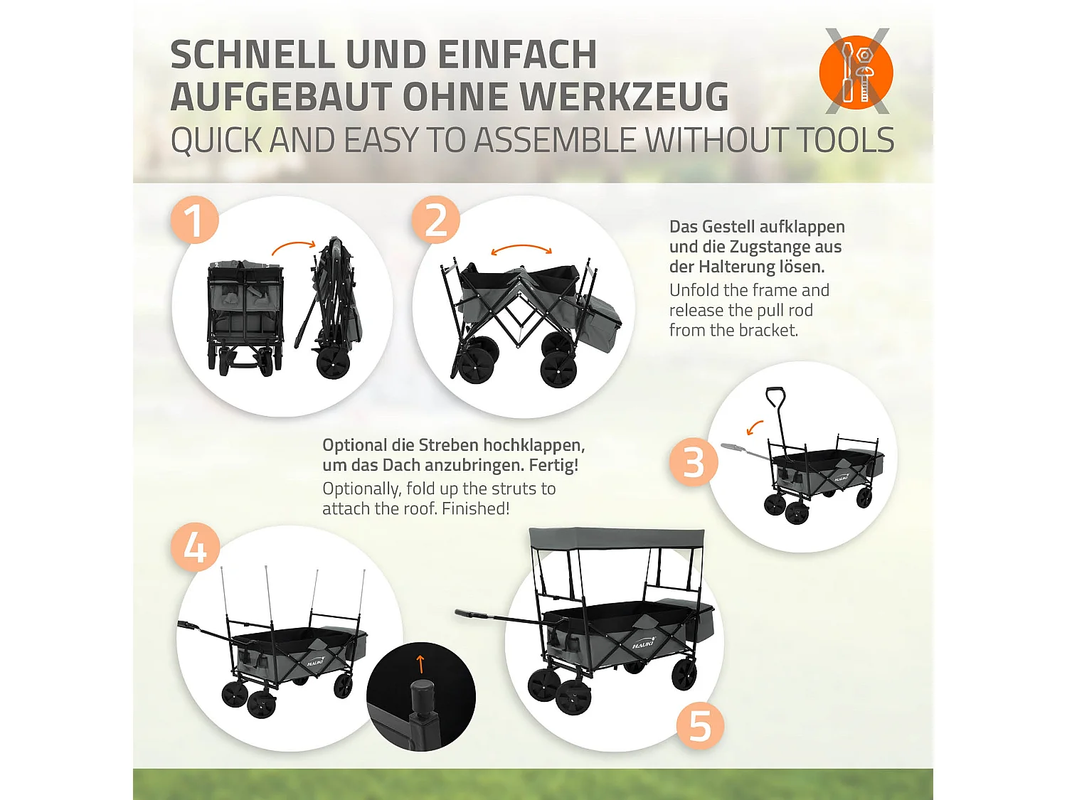 Chariot de transport pliable avec toit gris avec poches pour enfants charge 80kg