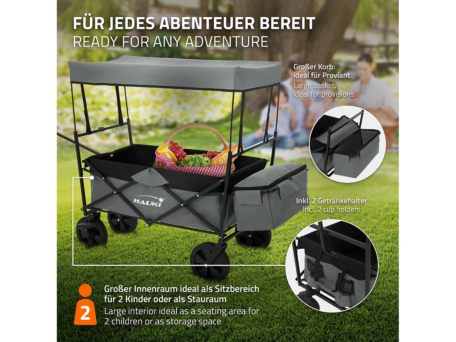 Chariot de transport pliable avec toit gris avec poches pour enfants charge 80kg