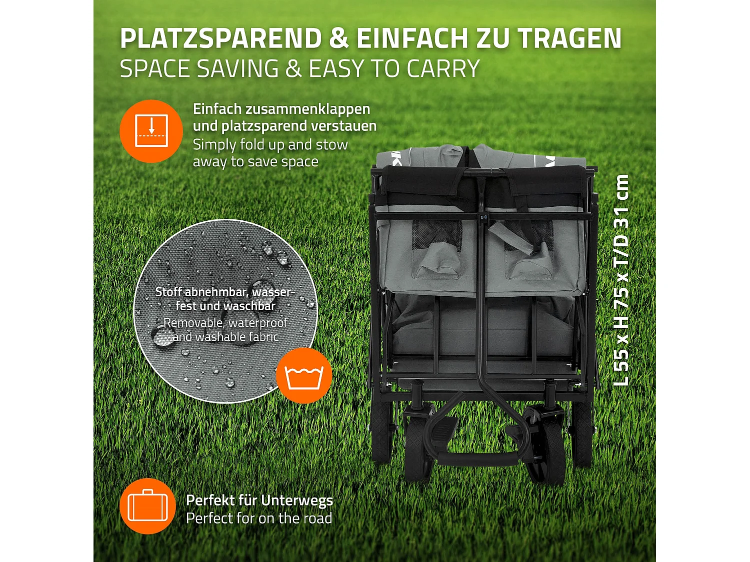 Chariot de transport pliable avec toit gris avec poches pour enfants charge 80kg