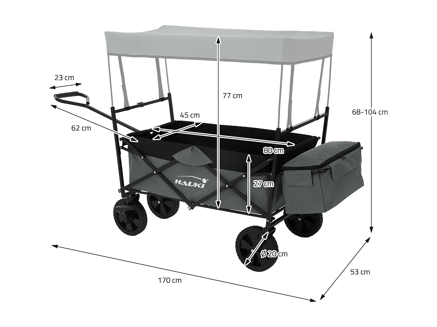 Chariot de transport pliable avec toit gris avec poches pour enfants charge 80kg