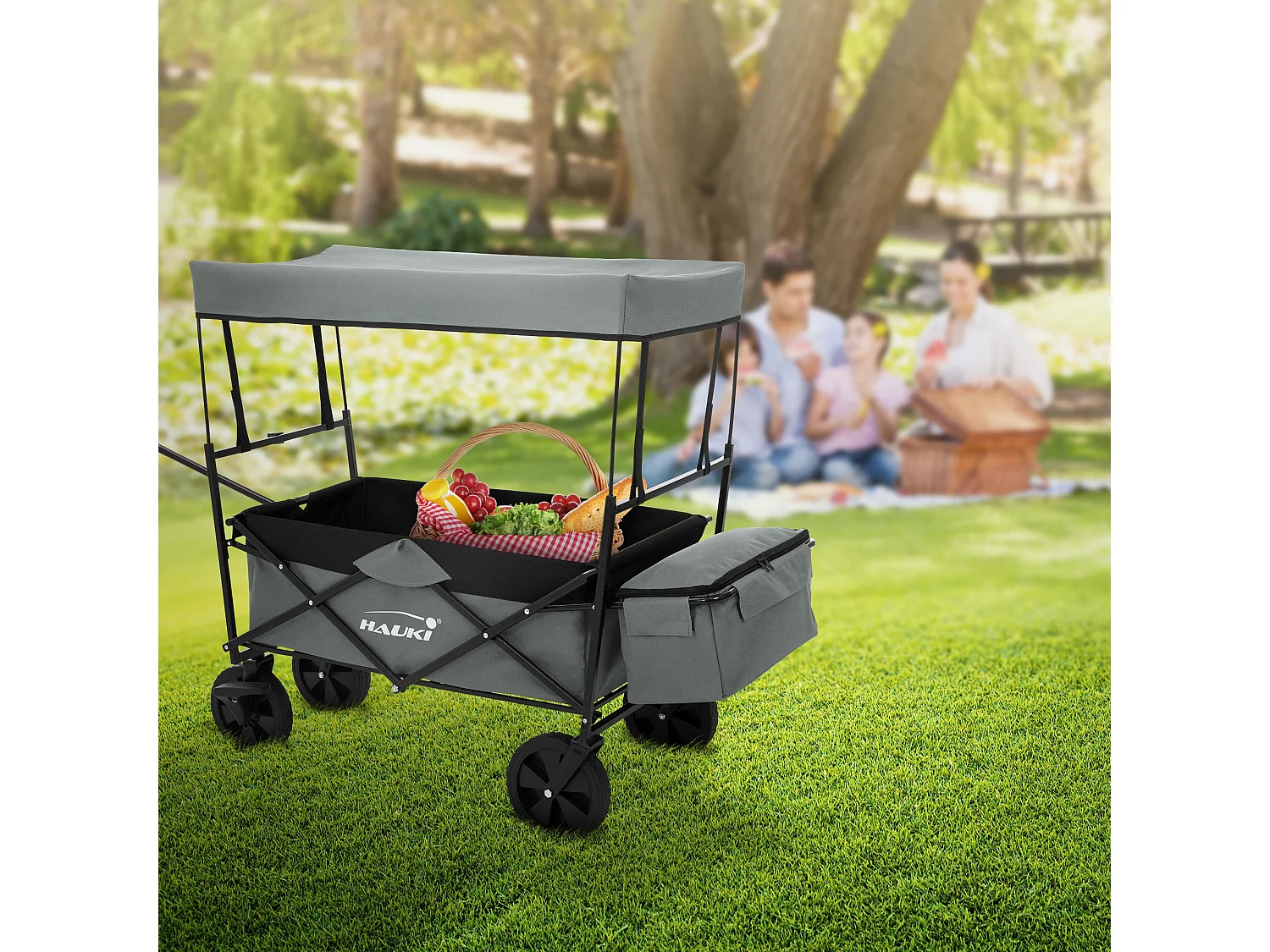 Chariot de transport pliable avec toit gris avec poches pour enfants charge 80kg