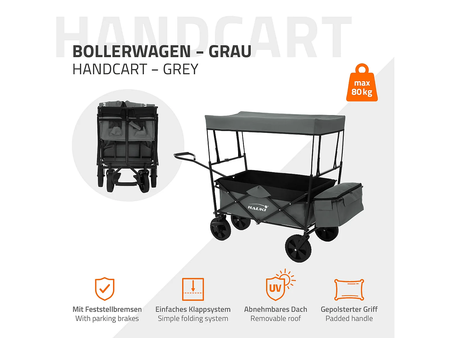 Carro de mano plegable con techo gris carreta transporte carro jardín con bolsa