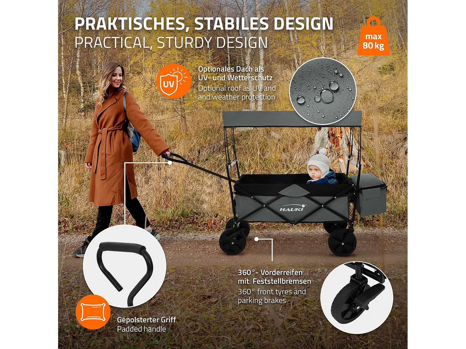 Carro de mano plegable con techo gris carreta transporte carro jardín con bolsa