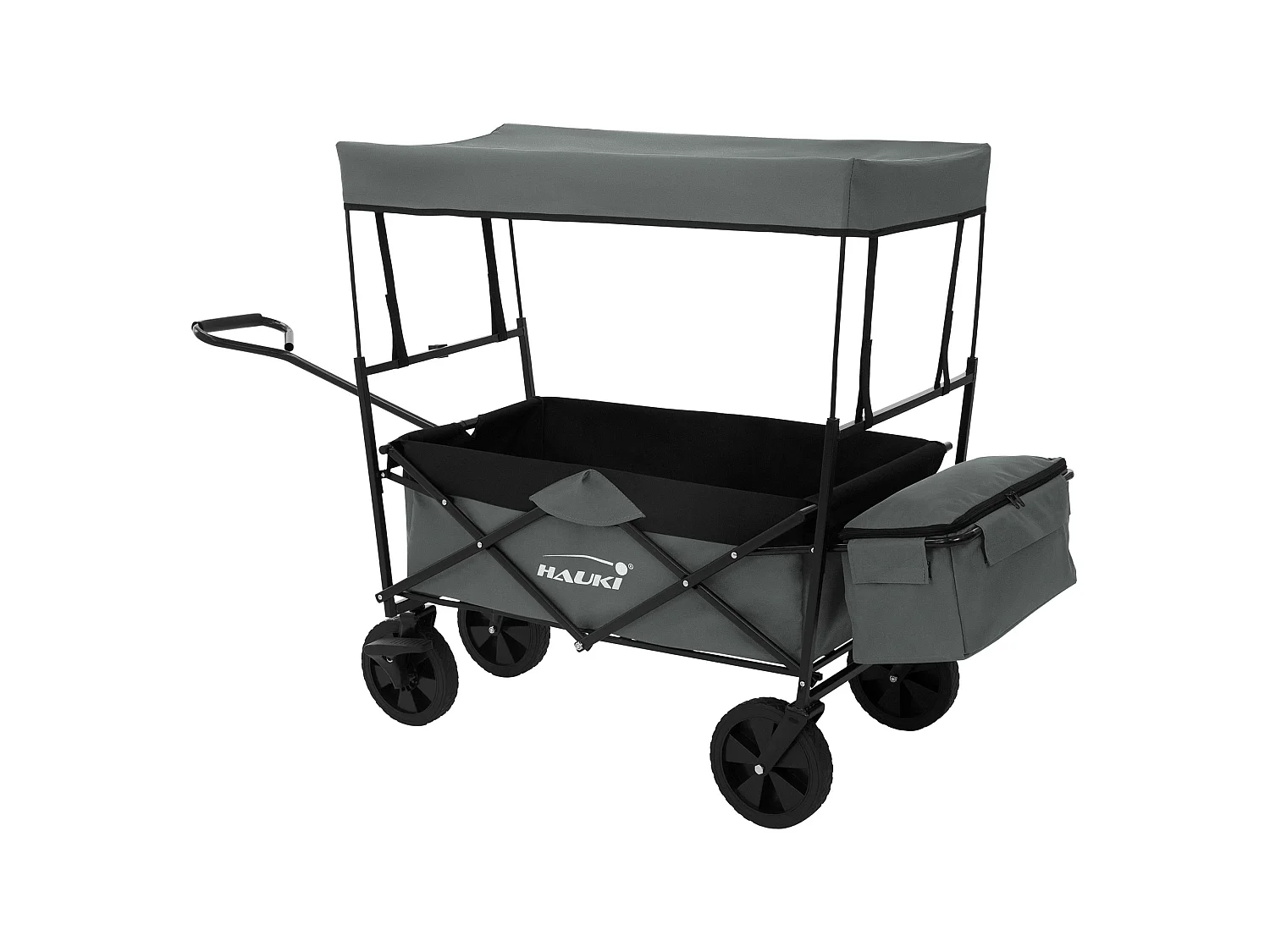 Hauki Carrello pieghevole da spiaggia per bambini carretto a mano per trasporto bimbi con tettuccio e borsa posteriore freno ruote anteriori grigio
