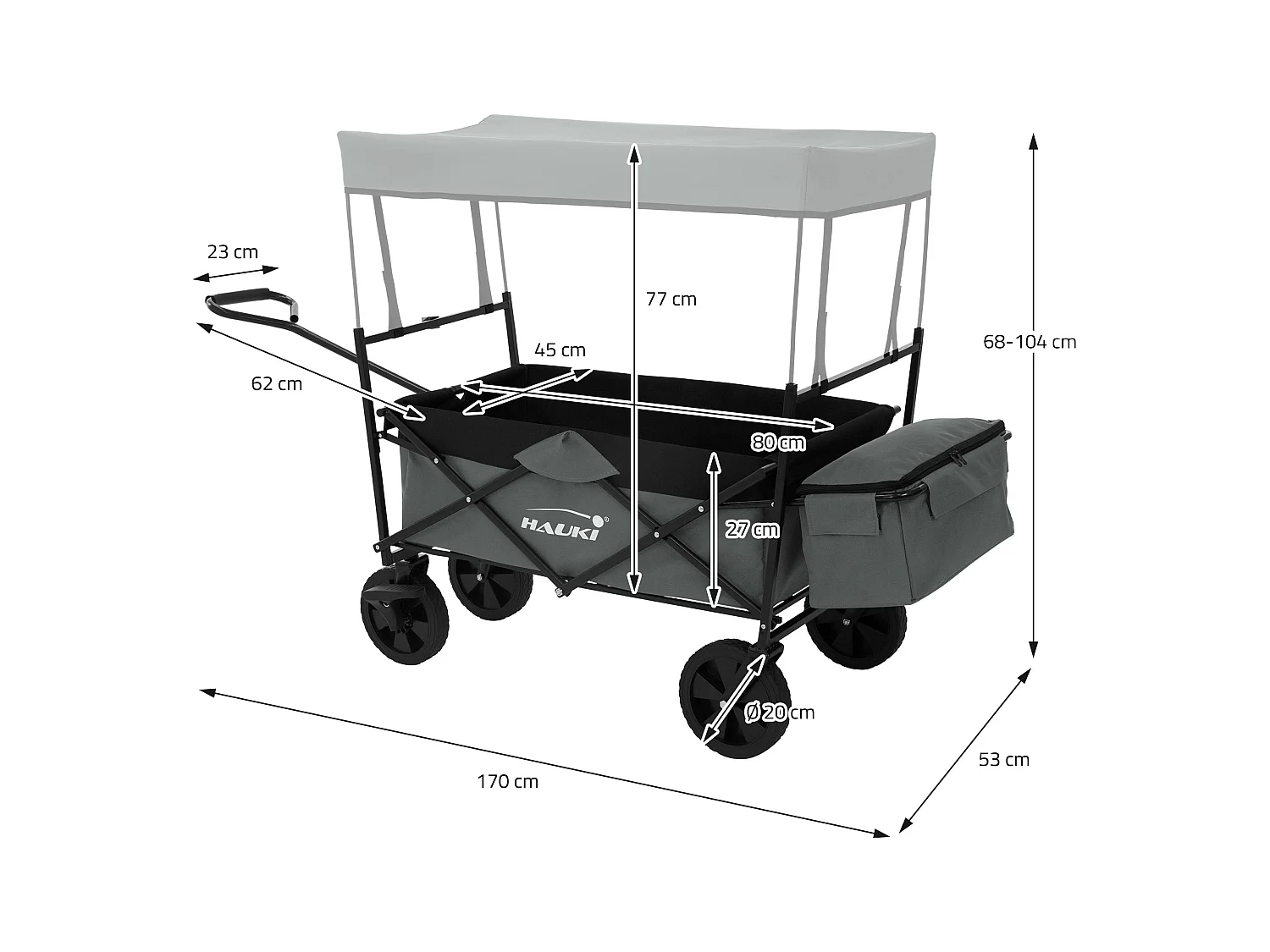Hauki Carrello pieghevole da spiaggia per bambini carretto a mano per trasporto bimbi con tettuccio e borsa posteriore freno ruote anteriori grigio