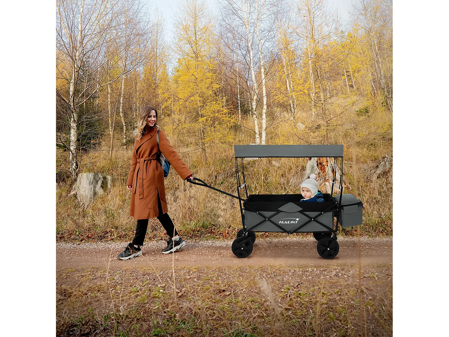 Hauki Carrello pieghevole da spiaggia per bambini carretto a mano per trasporto bimbi con tettuccio e borsa posteriore freno ruote anteriori grigio