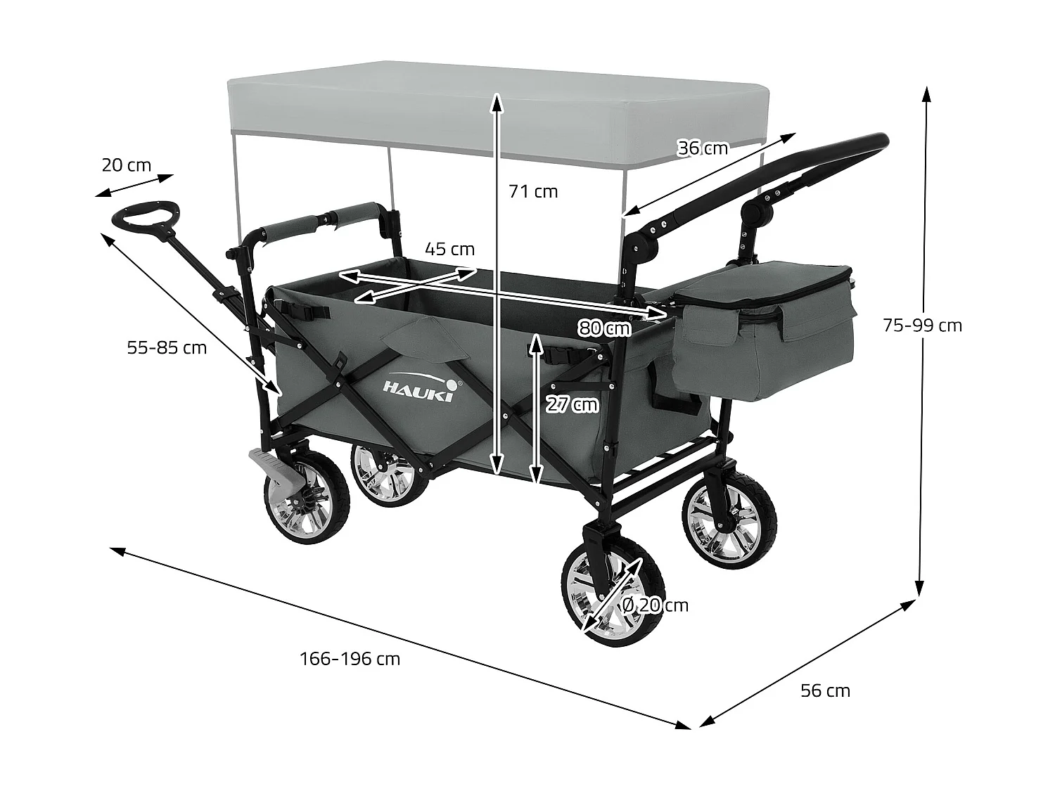 Chariot de transport pliable avec toit et sac gris pour enfants charge 120 kg