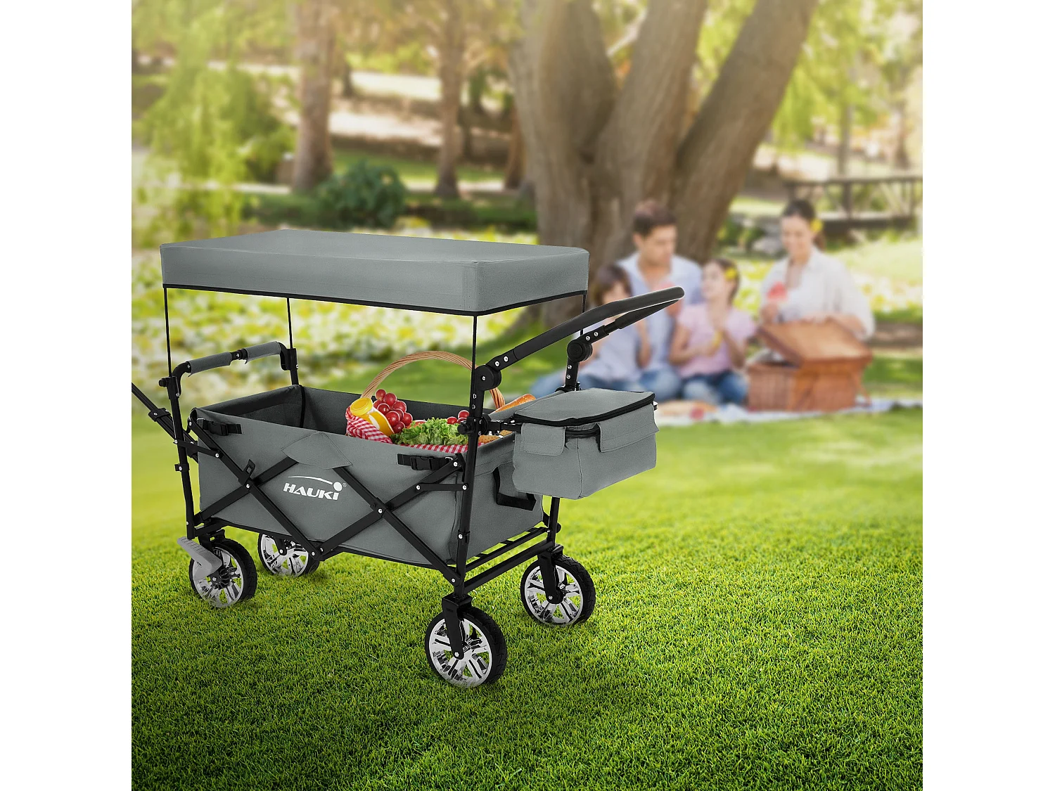 Chariot de transport pliable avec toit et sac gris pour enfants charge 120 kg