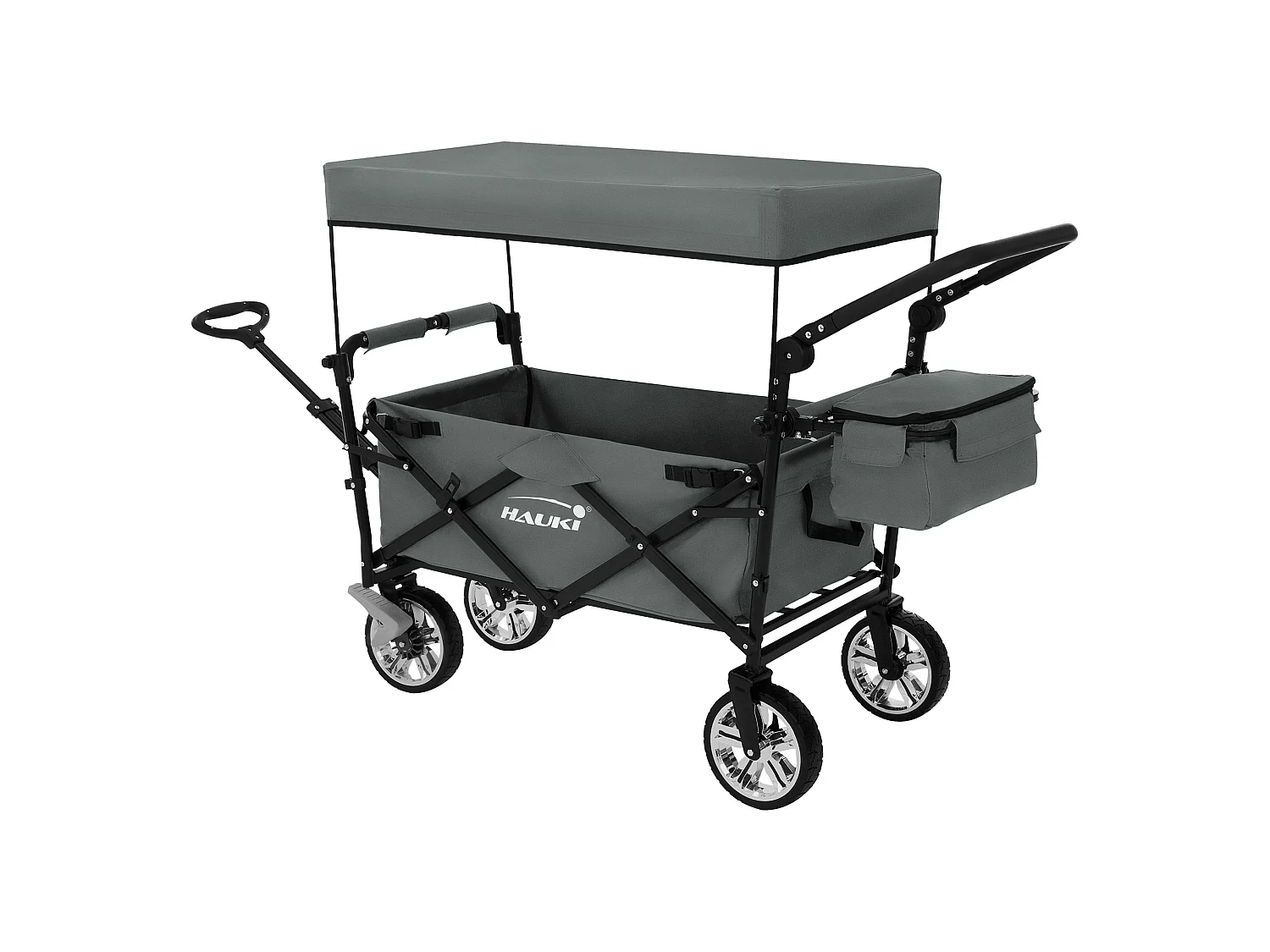Hauki Carrello pieghevole da spiaggia per bambini carretto a mano per trasporto bimbi con tettuccio e borsa freno ruote anteriori grigio  120 kg